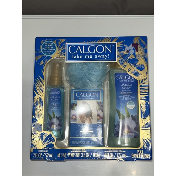 Calgon Take Me Away Morning Glory Gift Set Body Wash Mist Bath Beads Sponge Pouf - Picture 1 of 5